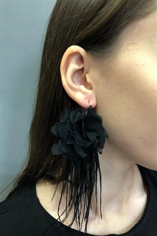 Black Floral Feather Earrings