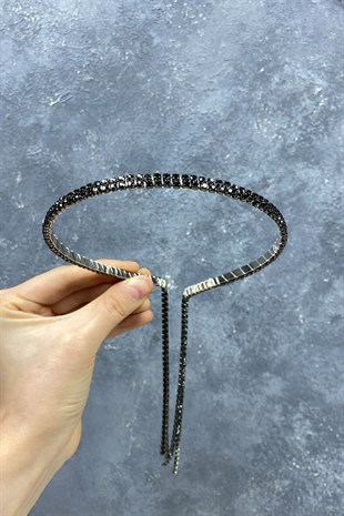 Siyah Çift Sıra Sallantılı Gelin Tacı Saç Aksesuarı