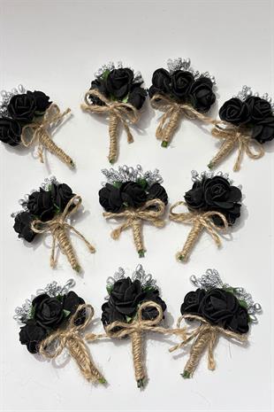 Siyah Cipsolu Güllü Damat Yaka Çiçeği Sağdıç Çiçeği 10 Adet