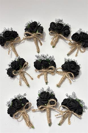 Siyah Cipsolu Güllü Damat Yaka Çiçeği Sağdıç Çiçeği 10 Adet