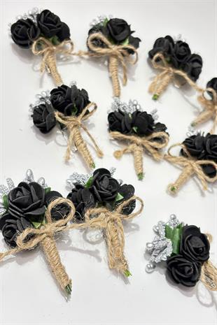 Siyah Cipsolu Güllü Damat Yaka Çiçeği Sağdıç Çiçeği 10 Adet