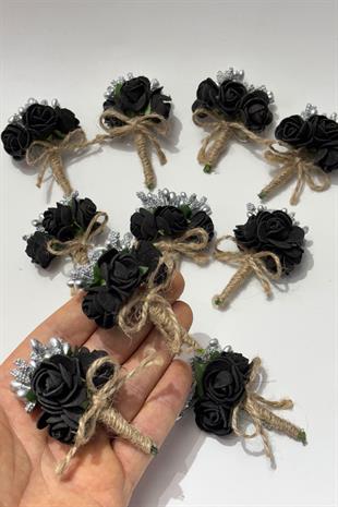 Siyah Cipsolu Güllü Damat Yaka Çiçeği Sağdıç Çiçeği 10 Adet
