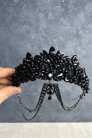 Siyah Cudy Yoğun Boncuk İşlemeli Alınlık Gelin Kına Tacı