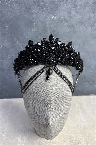 Siyah Cudy Yoğun Boncuk İşlemeli Alınlık Gelin Kına Tacı