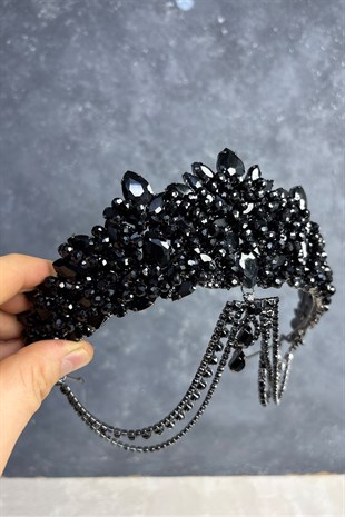 Siyah Cudy Yoğun Boncuk İşlemeli Alınlık Gelin Kına Tacı