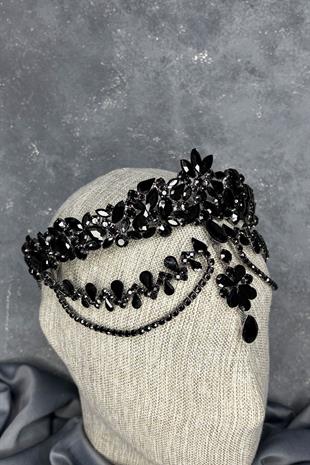 Siyah Dali Alınlık Sallantılı Gelin Kına Tacı Saç Aksesuarı