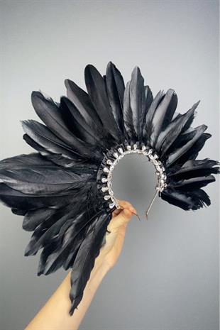 Black Dali Feathered Stone Bridal Henna Crown Accessory