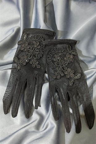 Siyah Dantel Desenli Eldiven