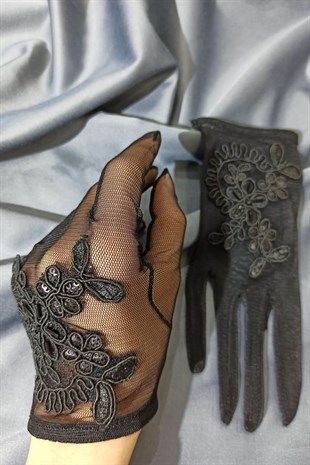 Siyah Dantel Desenli Eldiven