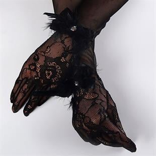 الجملة الدانتيل الأسود وقفازات الزفاف مفصلة الريشة