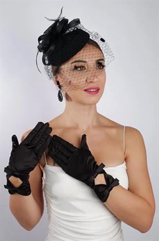 Siyah Dantelli Gelin Eldiveni Düğün Nikah Aksesuarı Fascinator Şapka Seti