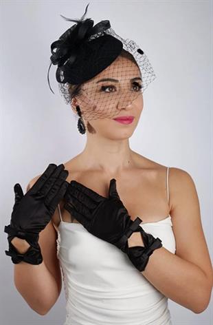 Siyah Dantelli Gelin Eldiveni Düğün Nikah Aksesuarı Fascinator Şapka Seti