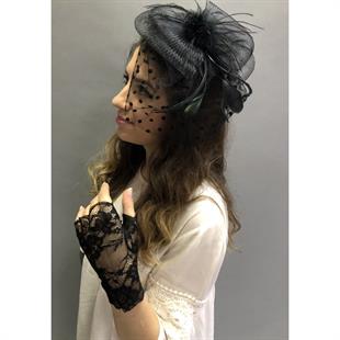 الجملة الدانتيل الأسود قفازات قصيرة قبعة الزفاف Vualet