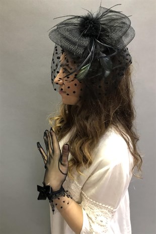 Black Plain Gloves- Polka Dot Voile Wedding Cap Face Veils