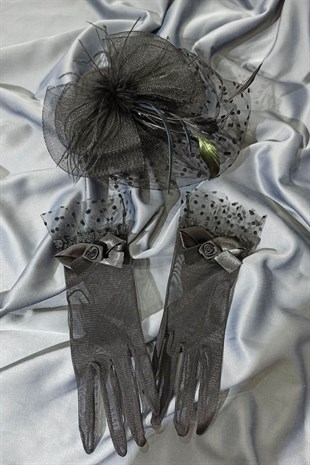 Black Plain Gloves- Polka Dot Voile Wedding Cap Face Veils