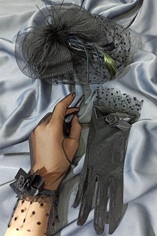 Black Plain Gloves- Polka Dot Voile Wedding Cap Face Veils