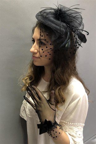 Black Plain Gloves- Polka Dot Voile Wedding Cap Face Veils