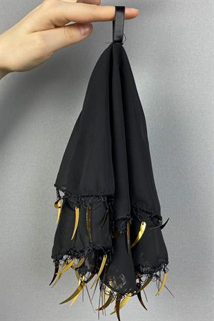 Black Ecru Gold Sword Sequin Chiffon Bridal Halay Handkerchief 5 pcs