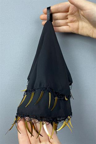 Black Ecru Gold Sword Sequin Chiffon Bridal Halay Handkerchief 5 pcs
