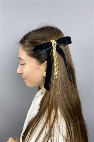 Siyah Fiyonklu Kadife Kurdeleli Sallantılı Taşlı Saç Tokası