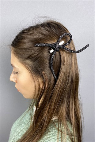 Siyah Full Taşlı Tasarım Fiyonk Saç Tokası