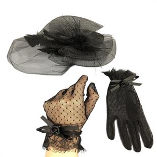 الجملة قبعة الزفاف الأسود وقفازات رقصة البولكا