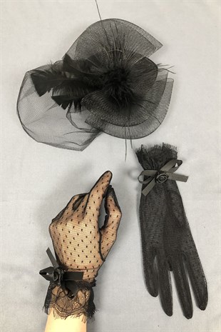 Black Bridal Hat and Polka Dot Gloves Face Veils