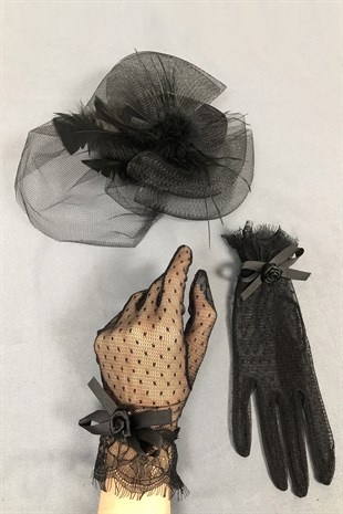 Black Bridal Hat and Polka Dot Gloves Face Veils