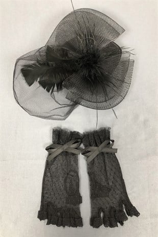 Black Bridal Hat and Half Finger Gloves Face Veils