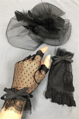Black Bridal Hat and Half Finger Gloves Face Veils