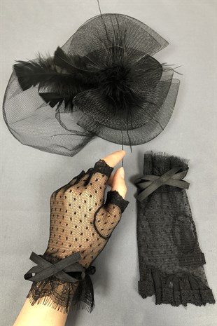 Black Bridal Hat and Half Finger Gloves Face Veils