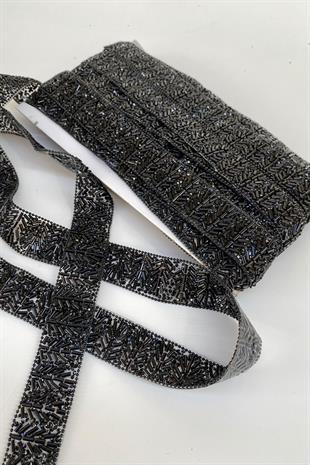 Black Wide Pipe Beads and Chain Iron-on Stone Strip Applique