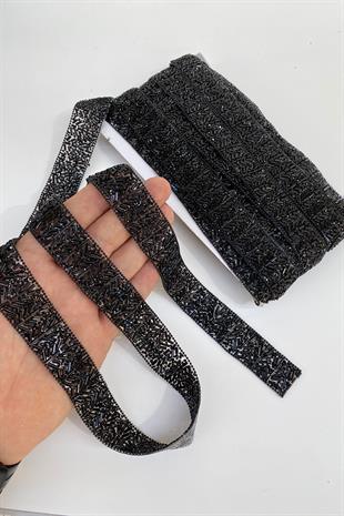 Black Wide Pipe Beads and Chain Iron-on Stone Strip Applique
