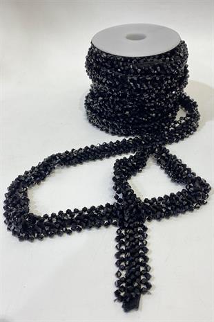 Siyah Geniş Kristal Boncuklu İşlemeli Şerit