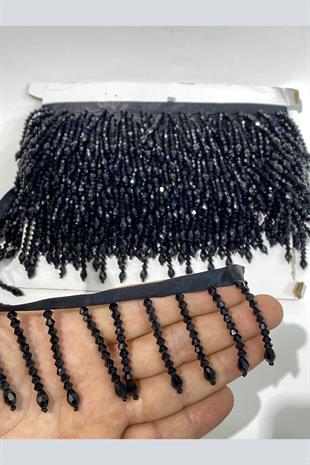 Siyah Kristal Boncuk İşlemeli Saçak Püskül Şerit