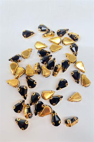Siyah Gold Zeminli Dikme Parlak Cam Damla Boncuk 10 Adet