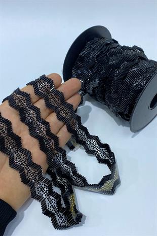 Siyah Gümüşlü Boncuklu Ütüyle Yapışan Şerit Aplik 