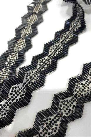 Siyah Gümüşlü Boncuklu Ütüyle Yapışan Şerit Aplik 