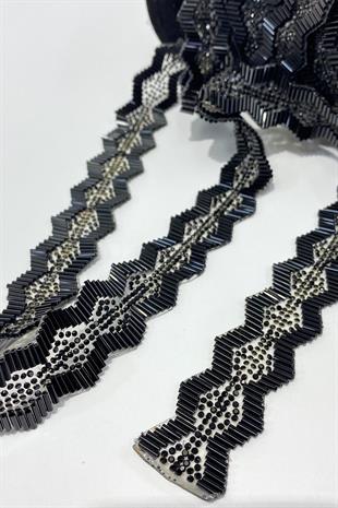 Siyah Gümüşlü Boncuklu Ütüyle Yapışan Şerit Aplik 