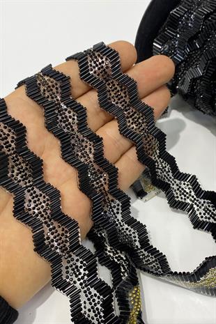 Siyah Gümüşlü Boncuklu Ütüyle Yapışan Şerit Aplik 