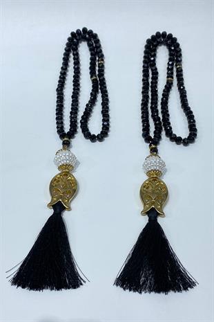 Siyah Hediyelik Laleli Püsküllü Kristal Boncuklu 99 Lu Namaz Tesbihi ( Mevlüt-sünnet-hac-umre)