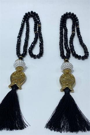 Siyah Hediyelik Laleli Püsküllü Kristal Boncuklu 99 Lu Namaz Tesbihi ( Mevlüt-sünnet-hac-umre)