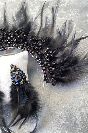 Siyah Horoz Tüylü Kristal Boncuklu Gelin Kına Tacı ve Küpesi