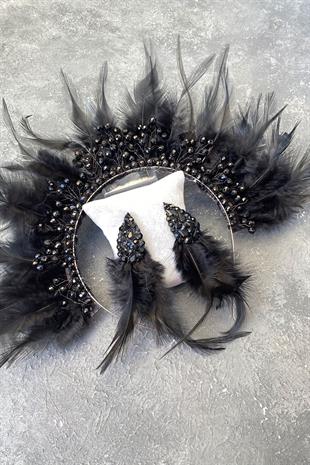 Siyah Horoz Tüylü Kristal Boncuklu Gelin Kına Tacı ve Küpesi