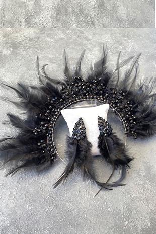 Siyah Horoz Tüylü Kristal Boncuklu Gelin Kına Tacı ve Küpesi