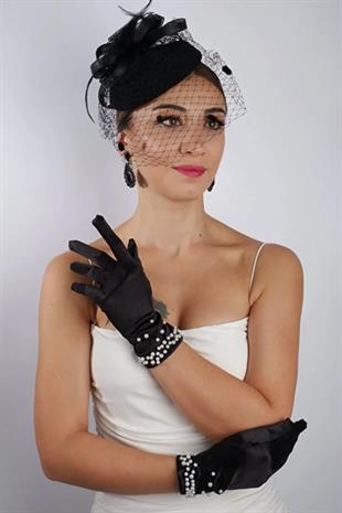 Siyah İncili Gelin Eldiveni Düğün Nikah Aksesuarı Fascino Şapka Seti