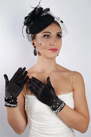 Siyah İncili Gelin Eldiveni Düğün Nikah Aksesuarı Fascino Şapka Seti