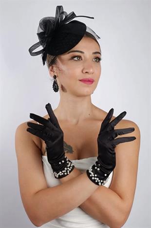Siyah İncili Gelin Eldiveni Düğün Nikah Aksesuarı Fascina Şapka Seti