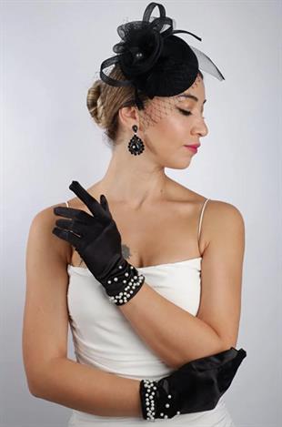 Siyah İncili Gelin Eldiveni Düğün Nikah Aksesuarı Fascina Şapka Seti
