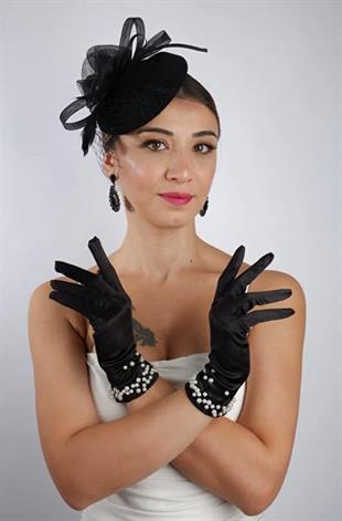 Siyah İncili Gelin Eldiveni Düğün Nikah Aksesuarı Fascina Şapka Seti